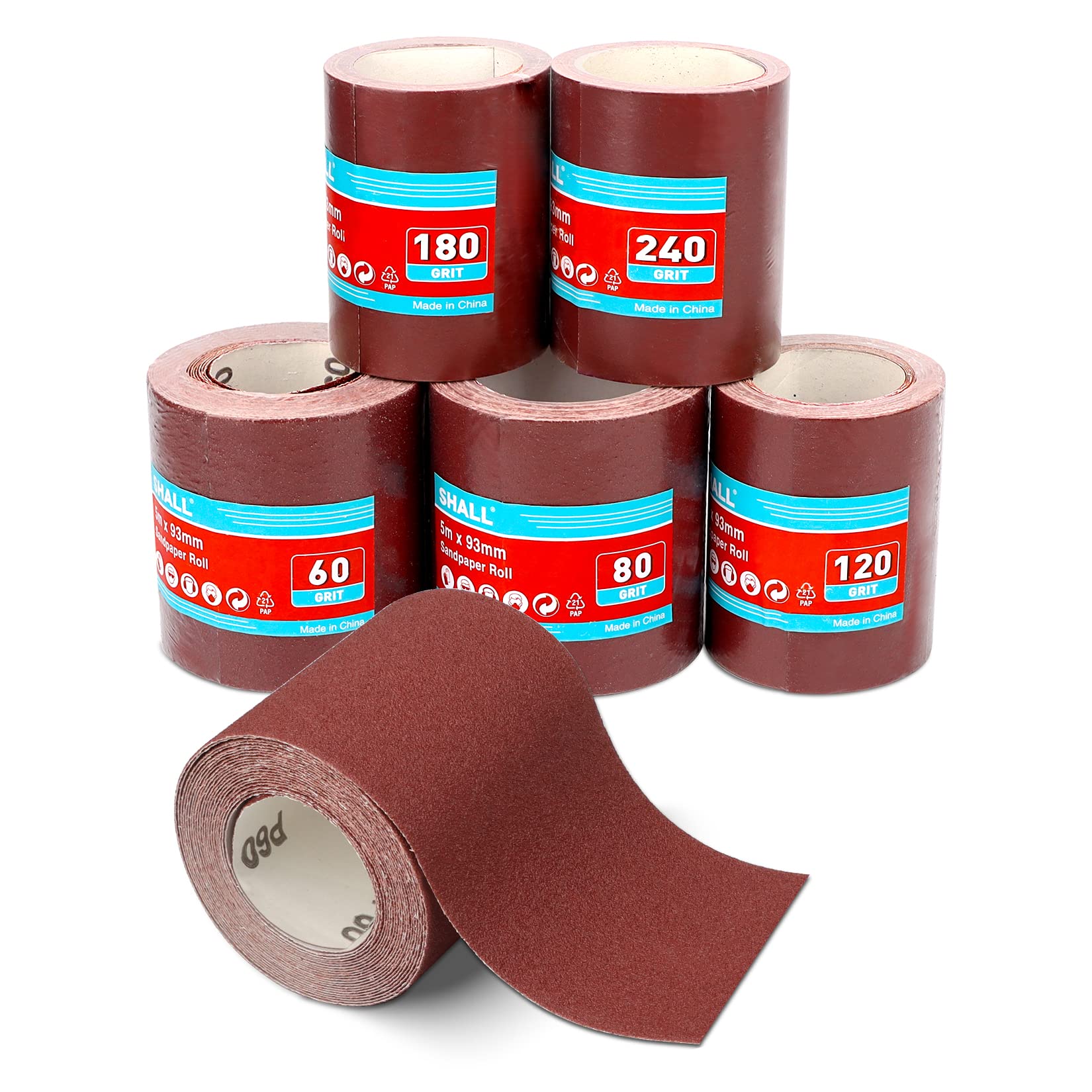 SHALL Sandpaper Roll Set 5 Rolls, 9.3cm x 5m, Aluminum Oxide Sandpaper for Woodworking, 60/80/120/180/240 Grit, Aluminium Oxide Abrasive Sanding Paper, for Sanding, Polishing and Rust Removal