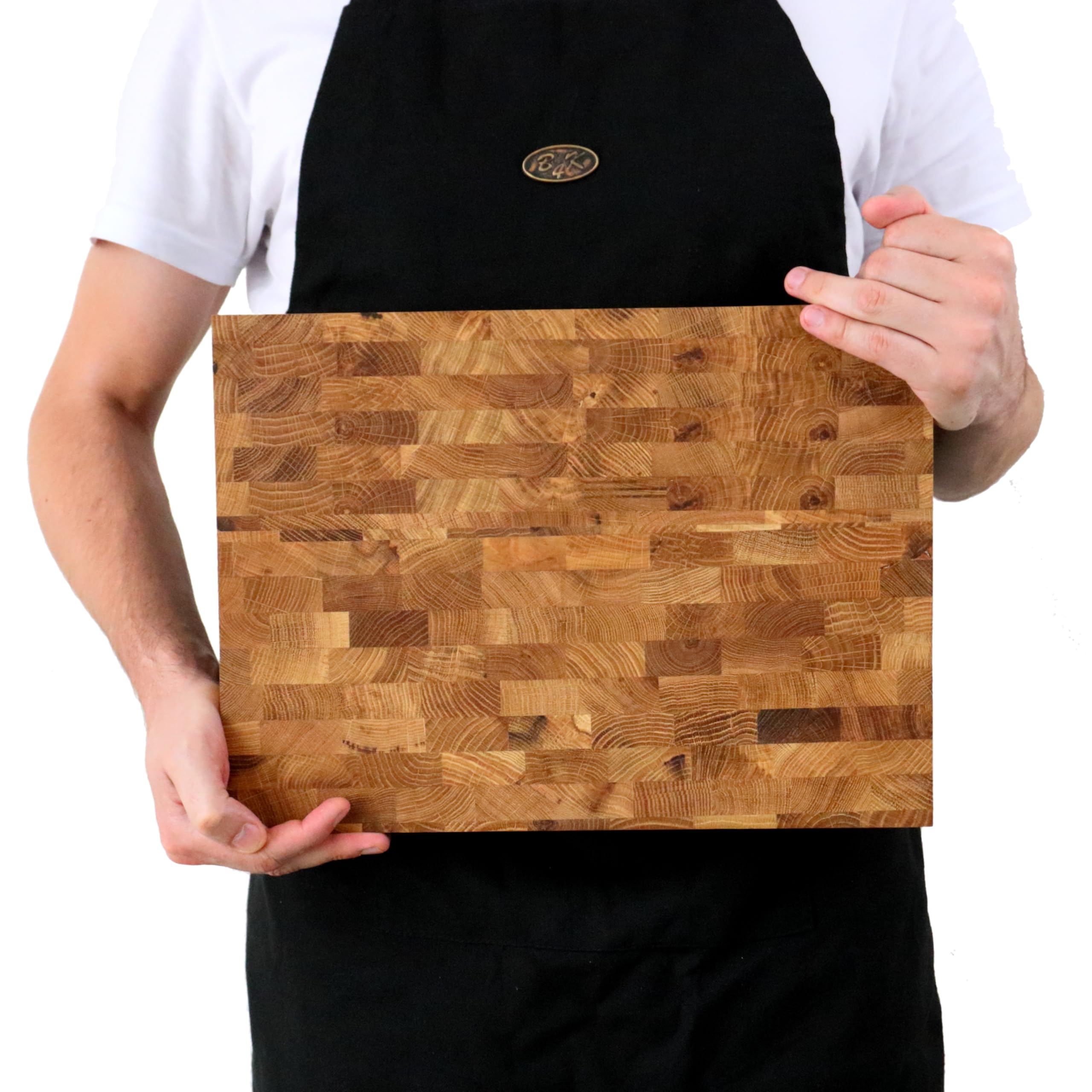 B4K® 37×27×4.3 cm End-Grain Oak Cutting Board | Butcher Block with Handles & Non-Slip Silicone Feet | Handmade Kitchen Board
