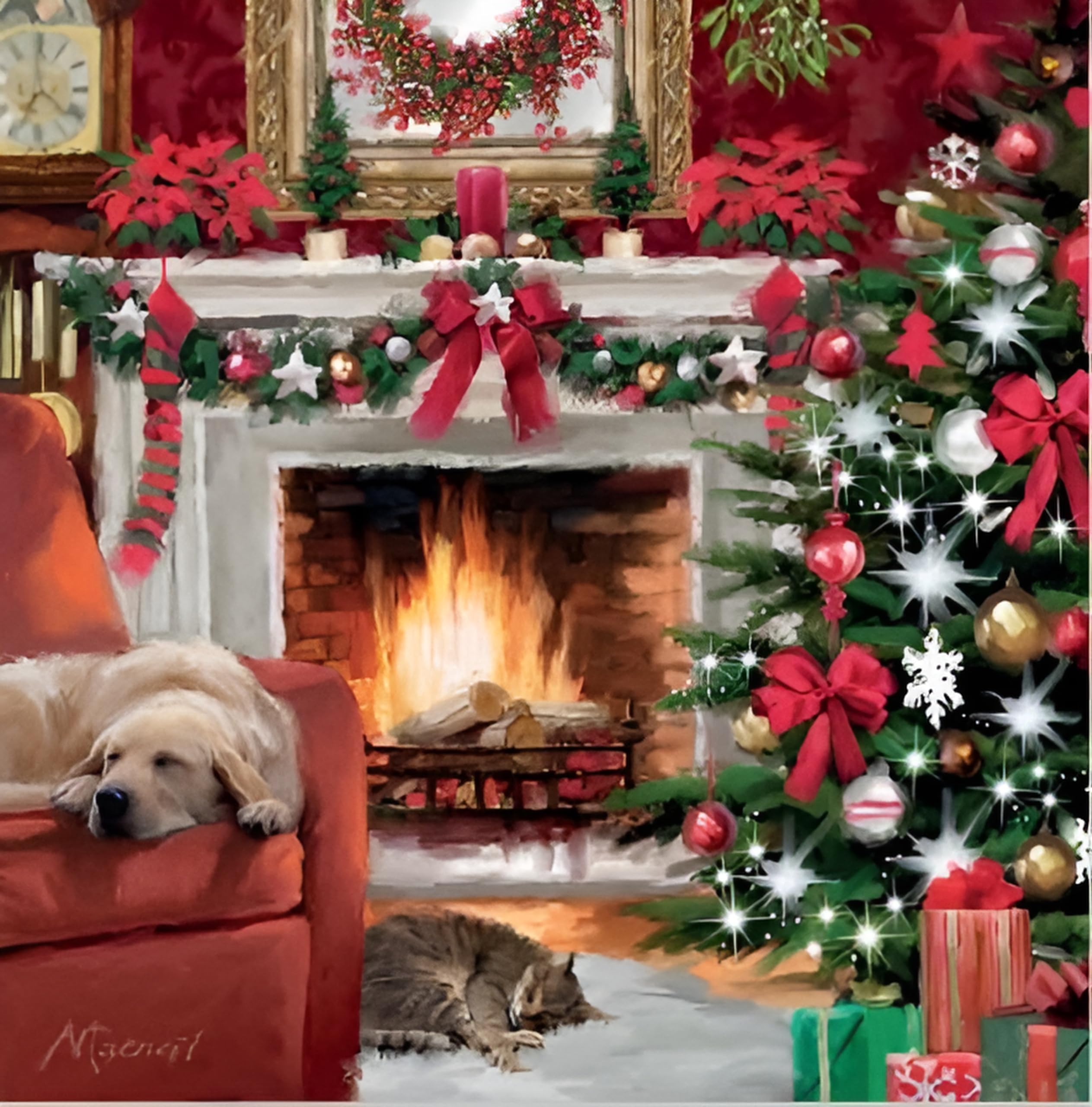 Noel Tatt Charity Christmas Cards Pack of 10 - Charity Christmas Cards with Cat and Dog Sleeping by the Fireplace Artistic Macneil Design - Eco-Friendly Xmas Cards Multipack with Envelopes