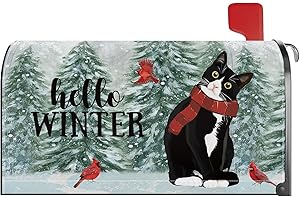 YINENA Hello Winter Cat Mailbox Cover Magnetic Standard Size 21x18 Inch Winter Tuxedo Christmas Decorative Post Letter Box Wrap Decor Garden Yard Decoration