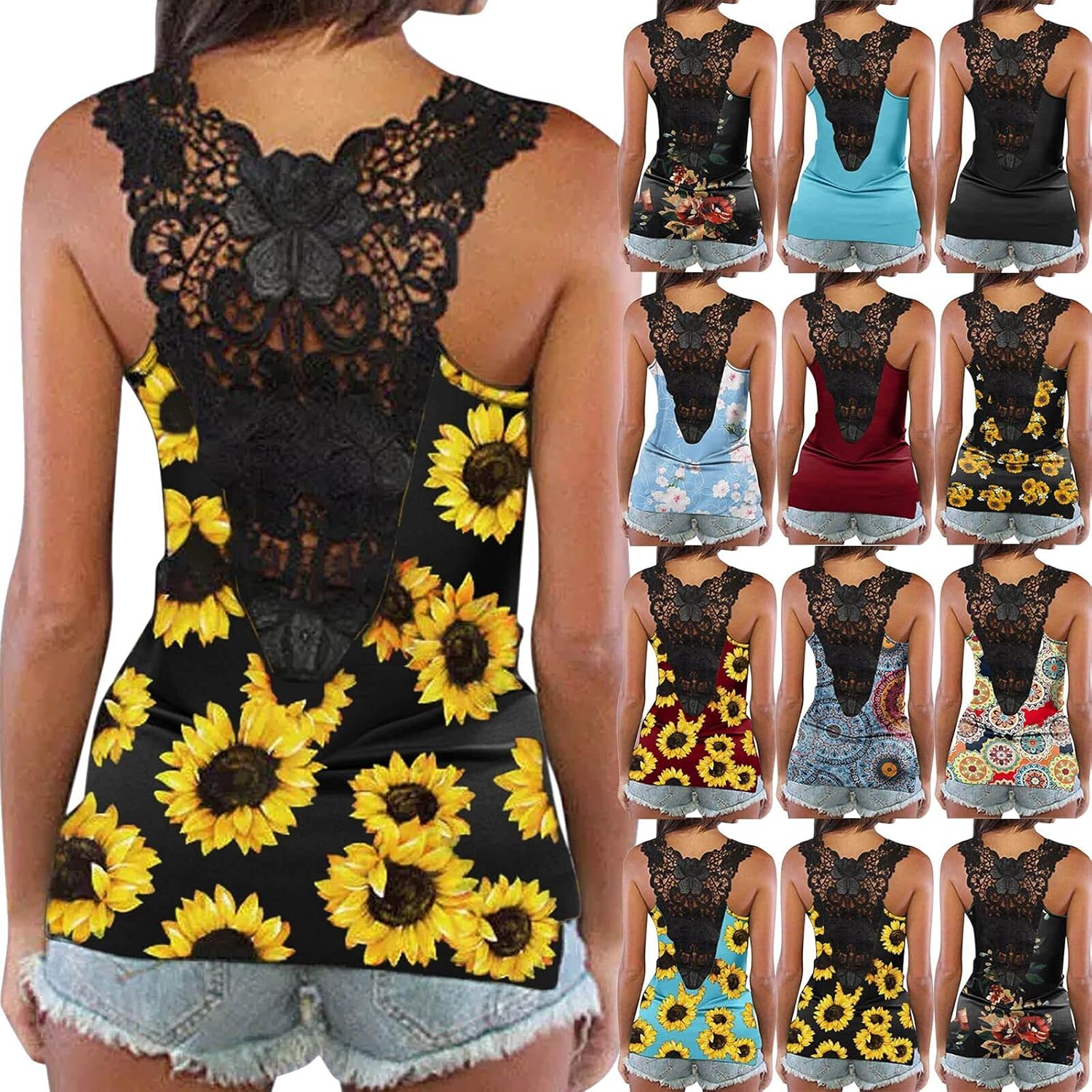 Womens Sunflower Lace Patchwork Tank Tops, Sexy Hollow