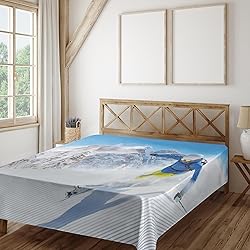 Ambesonne Winter Flat Sheet, Skier Skiing Downhill