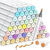 Caliart Alcohol Markers Brush Tip, 61 Colors Pastel Art Marker Set Dual Tip Chisel & Brush, with Case Permanent Alcohol Based Colored Pens for Adult Coloring Books Artists Drawing Supplies Gifts