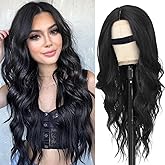 BEAUTIFA Black Wig for Women, Long Black Wavy Wig Middle Part 26 Inch Black Wigs Natural Looking Heat Resistant Synthetic Wig for Daily Party Use