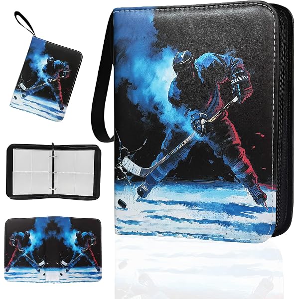 hockey card binder Themed Trading Storage Case - Holds up to 200 Cards - Complete with 25 Pages This premium album for standard size pages has a hockey themed hot stamp foil on navy blue cover 1963-64-Topps-Style-Hockey-Card-Album-Binder  Baseballcard Binders