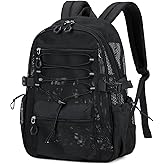 ASKSKY Mesh Backpack Ultra-Lightweight See-Through School Bag with Elastic Rope & Upgraded Shoulder Straps, Breathable Gym & Travel Backpack for Beach Swimming Hiking Sports, Black