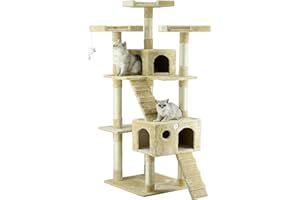 Go Pet Club 72" Tall Cat Tree Tower with Cat Condos - Large Cat Tree - Cat Tower for Indoor Cats - Play Scratch Hide Climb Activity Furniture with Toy - Beige