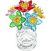 KRISININE Crystal Flower Figurine with Vase Base 3.8in Tall Multicolor Glass Flower Figurine Collectibles Home Decor for Valentine's Day(Colorful)