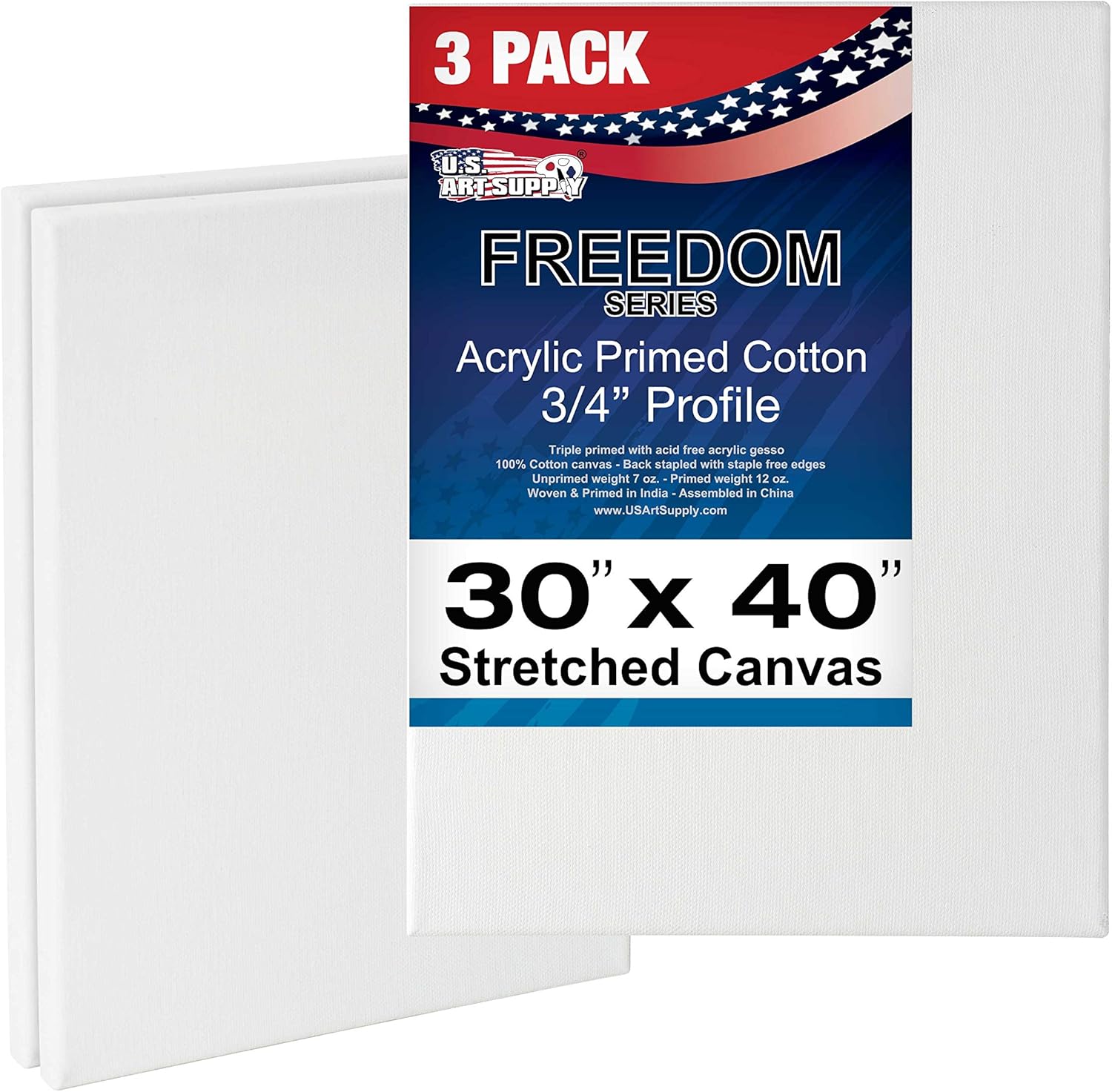 Amazon Com U S Art Supply 30 X 40 Inch Stretched Canvas 12 Ounce Primed 3 Pack Professional White Blank 3 4 Profile Heavy Weight Gesso Acid Free Bulk Pack Painting Acrylic Pouring Oil Paint