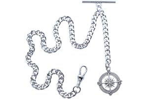 watchvshop Albert Chain Silver Tone Pocket Watch Chain Vest Chain for Men Compass Design Charm Fob T Bar with Swivel Clasp AC55A