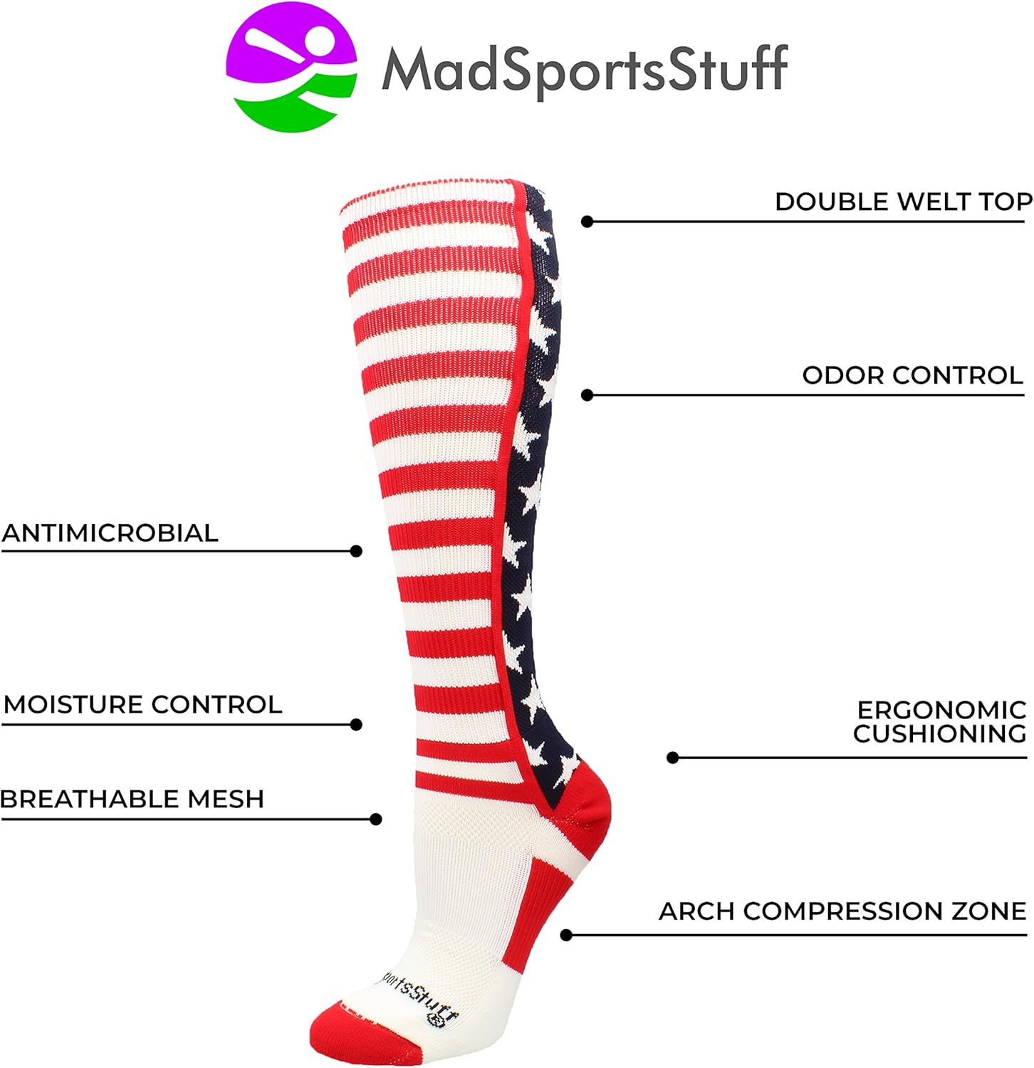 MadSportsStuff USA American Flag Stars and Stripes Over The Calf Socks: Clothing
