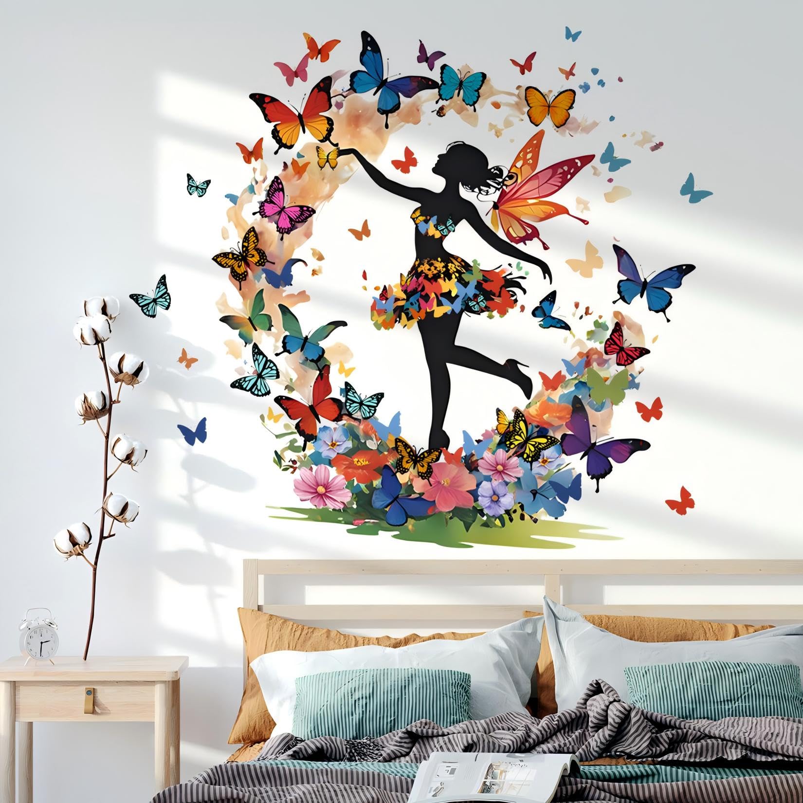 WOFEU Butterfly Girl Wall Stickers,Flower Fairy Wall Decal,Colorful Floral Wall Mural Colorful Butterflies Wall Decor DIY Removable Vinyl Wall Art for Girls Baby Nursery Bedroom