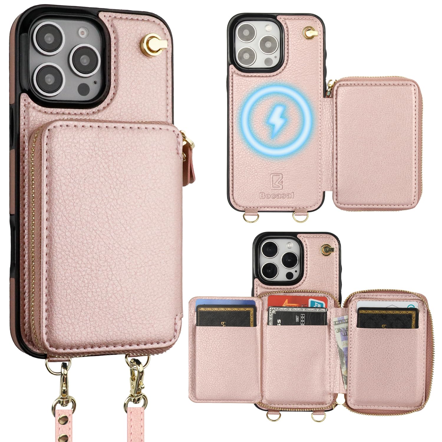 Photo 1 of Bocasal for MagSafe Crossbody Wallet Case Compatible with iPhone 16 Pro Max, RFID Blocking Protective Purse Case with Card Slots Holder Kickstand Wrist Strap Lanyard Zipper 6.9 Inch 5G (Rose Gold)
