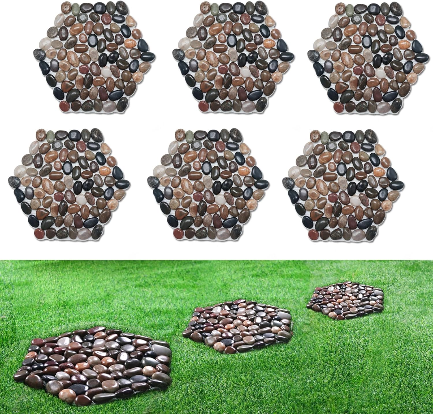 Hardscaping Materials - Lechloris 12 inch River Rock Stepping Stone - Pavers for Outdoor Garden Walkway, Landscaping - Polished Pebble Step Stones for Patio Yard Lawn Pathway, Set of 6 (Hexagon, Rain Forest)