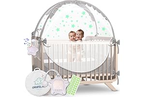 ORIFELAY Baby Crib Tent - Toddler Bed Tent w/White Noise Machine, Wide Zipper Opening - Easy Setup Crib Cover w/Glow in The Dark Stickers & Custom Multi Color Light, Breathable Mesh Cribs Net (Gray)