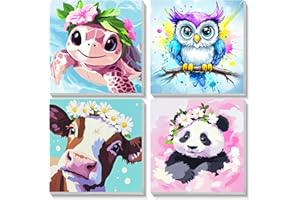 TOSTOG 4 Pack Paint by Number for Kids with Wooden Frame, DIY Cute Animals Paint by Numbers for Kids Ages 8-12, Acrylic Oil Painting Kits Easy Paint by Number for Gift Home Wall Decor 8in X 8in