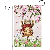 Heyfibro Spring Cute Cat Welcome Garden Flag 12x18 Inch Double Sided Burlap Butterfly Floral Yard Flag for Seasonal Holiday Farmhouse Outdoor Decor(ONLY FLAG)