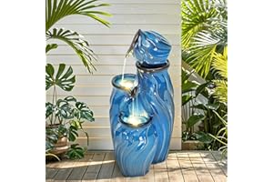 Autodaya 29" Ceramic Outdoor Fountain with Lights, 4-Tier Pots Waterfalls Patio Water Fountain, Tranquil Oasis for Relaxing Garden, Yard, or Porch Decor, Turquoise, Dynamic Wave-Texture