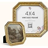 97 Decor 4x4 Vintage Picture Frame - Gold Antique Frame 4x4, Square Ornate Frames 4 X 4 With Glass Front For Tabletop Photo Display And Wall Hanging, Vintage Wall Decor