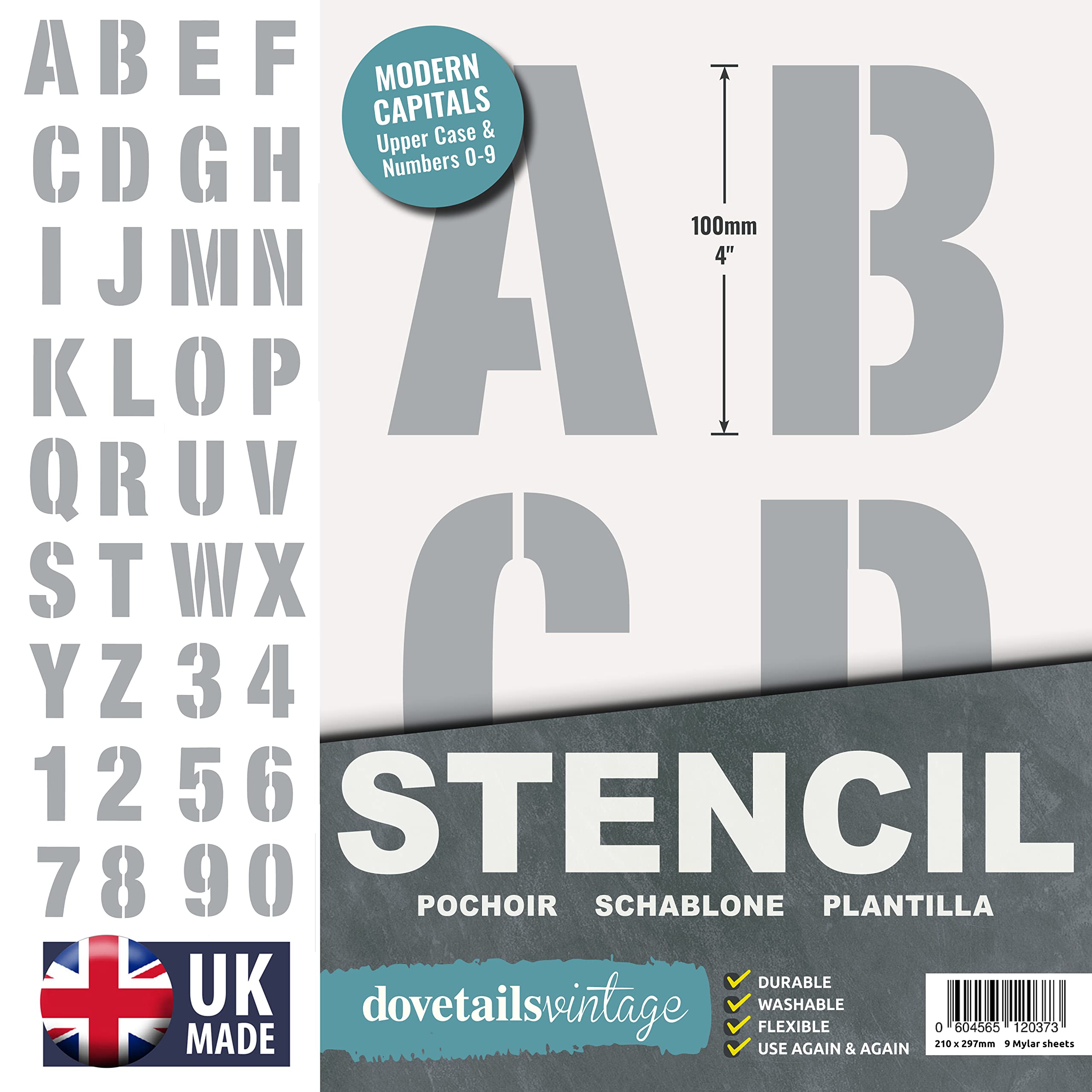 Dovetails Vintage Letter Stencil 100 mm Tall Modern Style Capital Letters and Numbers