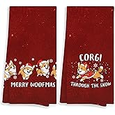 WAITPI Red Vintage Corgi Christmas Merry Woofmas Winter Kitchen Towels Set of 2 Decor Gifts for Women Dog Lovers, Snow Snowflake Funny Festive Decorative Dish Hand Towels for Bathroom 16x24 Inch