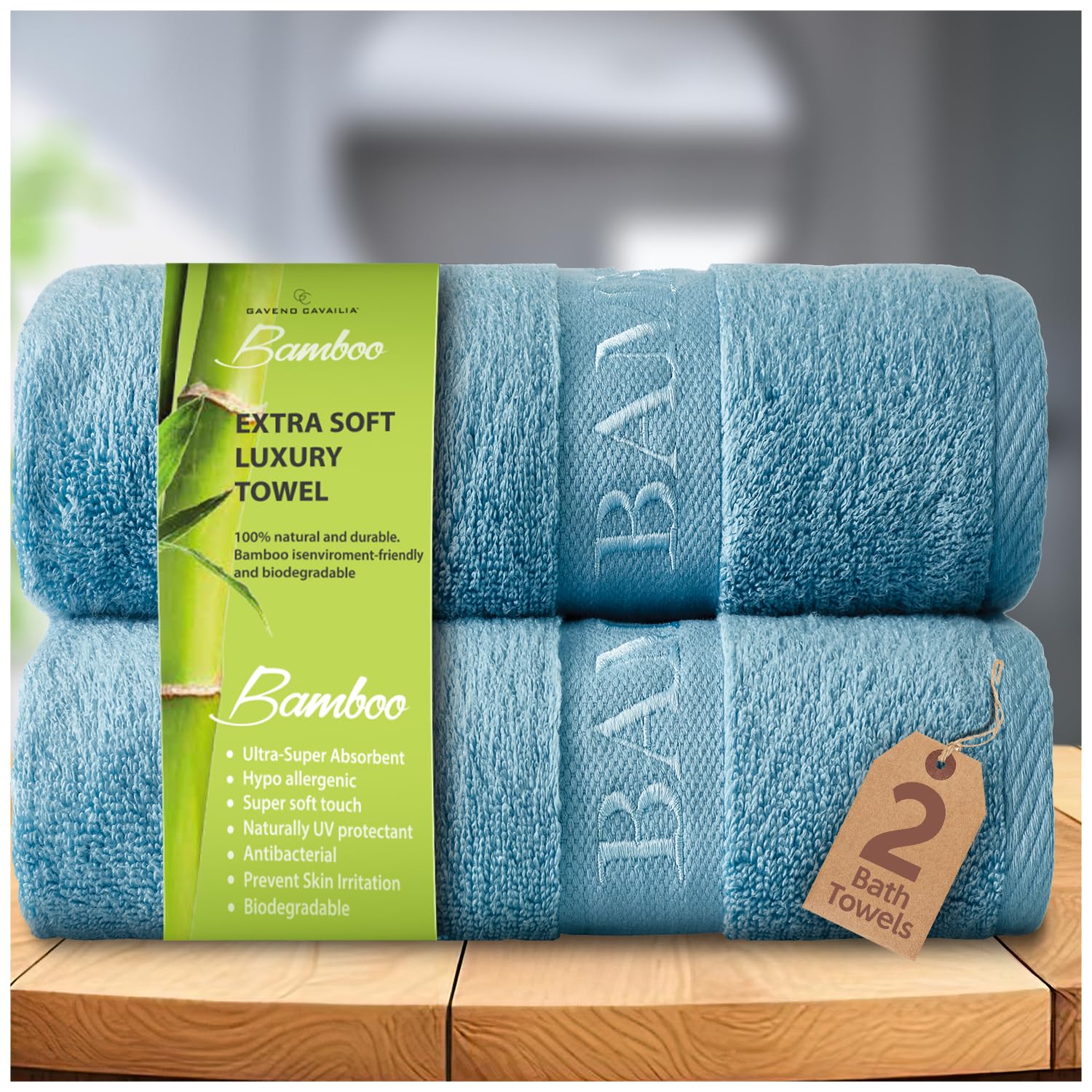 GC GAVENO CAVAILIA Large Bath Towel Bamboo Towels 2 Pack (70x120cm) - Highly Absorbent Quick Dry Towels (40% Cotton, 60% Bamboo) - Washable Bathroom Towel Blue - 500 GSM