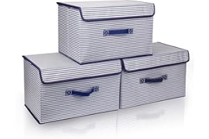 Bengenta 3 Packs Large Foldable Storage Bin Containers with Lids Closet Storage Boxes,Stackable Linen Fabric Storage Cubes Ba
