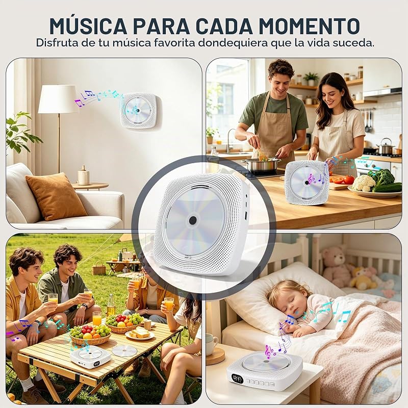Leitor de CD Bluetooth portátil para casa e exterior, com colunas, bateria recarregável de 4000 mAh, rádio FM, USB, comando remoto, suporte de parede e suporte de mesa