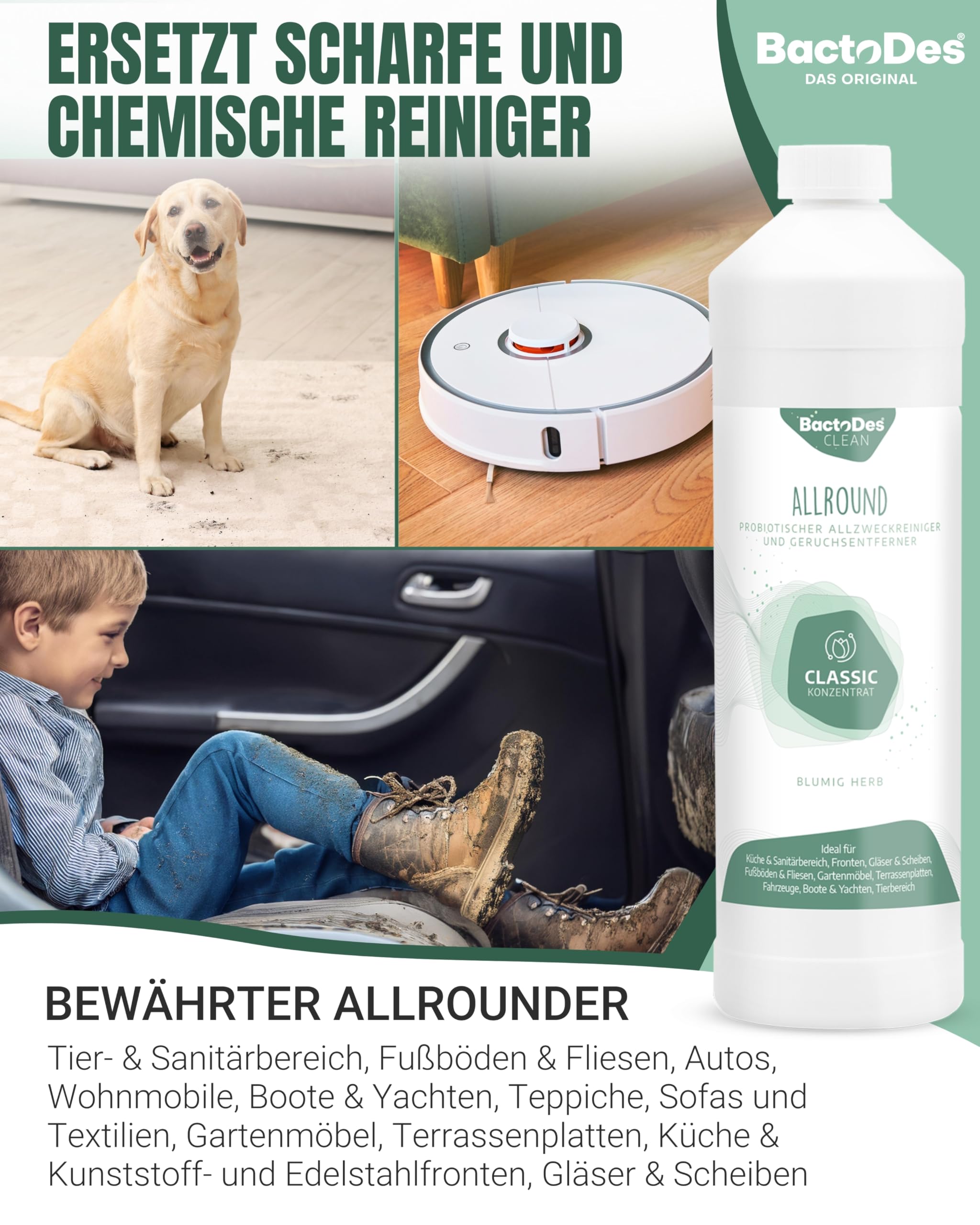 BactoDes - Clean Allround CLASSIC probiotischer Allzweckreiniger 1L Konzentrat mit Sprayflasche - Spezial Enzymreiniger mit bio Mikroben-Wirkung - Effektiver Geruchsneutralisierer & Geruchsentferner 3