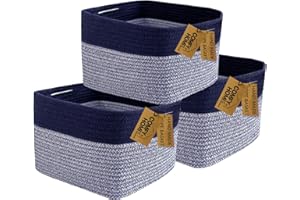 COMFY-HOMI 3PACK Rectangular Cotton Rope Basket With Handles for Shelves|Dog Toy Basket|Baby Basket|Gift Basket Empty for Boy Girl-NEW Generation 13.5" x 11" x 9.5" for Living Room（Dark Blue）