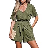 CUPSHE Women's Romper Woven Ribbed V Neck Short Sleeves Straight leg Outfit Casual Dressy