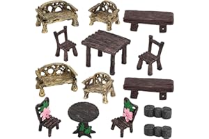 ONEST 14 Pieces Garden Miniature Accessories Mini Table and Chairs Village Bench Chair Micro Landscape Ornament Figurines for DIY Craft Garden Decor