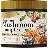 Mushroom Powder Supplement 2200mg - Organic Lions Mane, Reishi, Cordyceps, Chaga, Turkey Tail Mushroom Extract - 11 in 1 Blend Powder Supplement - Immune & Brain Support - Bottled in USA - 60 Servings
