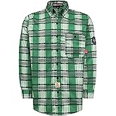 BOCOMAL FR Shirts for Men Printed Plaid Flame Resistant Clothing 6.5oz Cotton Button Up Welding Shirts NFPA2112 CAT2