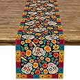 Dia De Los Muertos Table Runner Linen Mexican Sugar Skull Day of The Dead Altar Decoration for Home Kitchen Dining Room (13" x 72")