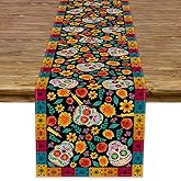 Dia De Los Muertos Table Runner Linen Mexican Sugar Skull Day of The Dead Altar Decoration for Home Kitchen Dining Room (13