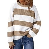 SunnyMelody Womens Cute Color Block Striped Sweater Fall 2025 Pullover Knit Tops - Ribbed Crew Neck, Lightweight, Loose Fit