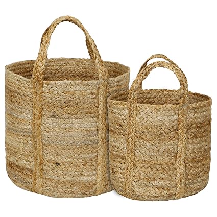 HomeStorie Storage Bin Baskets with Handle | Jute Planters for Indoor Plants, Brown - Set of 2, 10 Inch & 12 Inch, IN-229