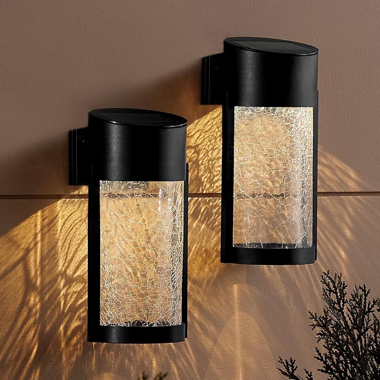 Taylor & Brown 2 Pack Crackled Glass Solar Wall Lights Fence Light Outdoor Garden Waterproof SMD LED for Patio Decking Gate Yard Decoration Warm White