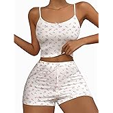 Hilinker Womens Graphic 2 Piece Pajama Set Summer Cute Crop Cami and Shorts Ribbed Lounge Sets
