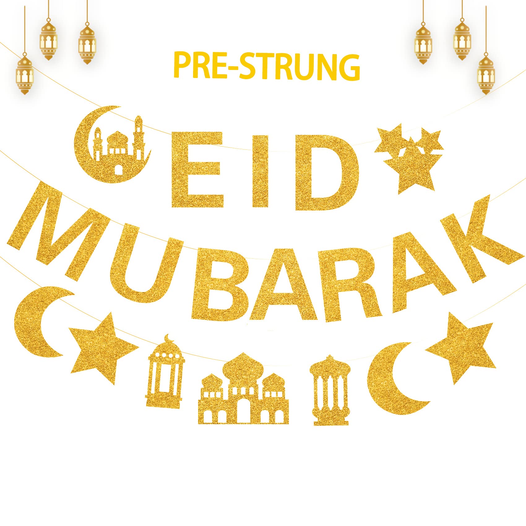 Photo 1 of Glitter Eid Mubarak Banner with Gold Moon Star Eid Hanging for Islam Party Decorations No DIY Required