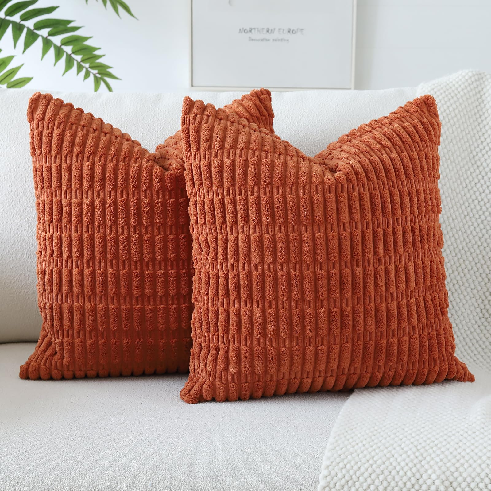 JOTOM Corduroy Soft Striped Boho Decorative Throw Pillow Covers 50x50 cm Cushion Covers 20x20 Inch Cushion Case Square Pillowcases for Couch Sofa Living Room Bed Home Decor Set of 2 (Rust) — image 1