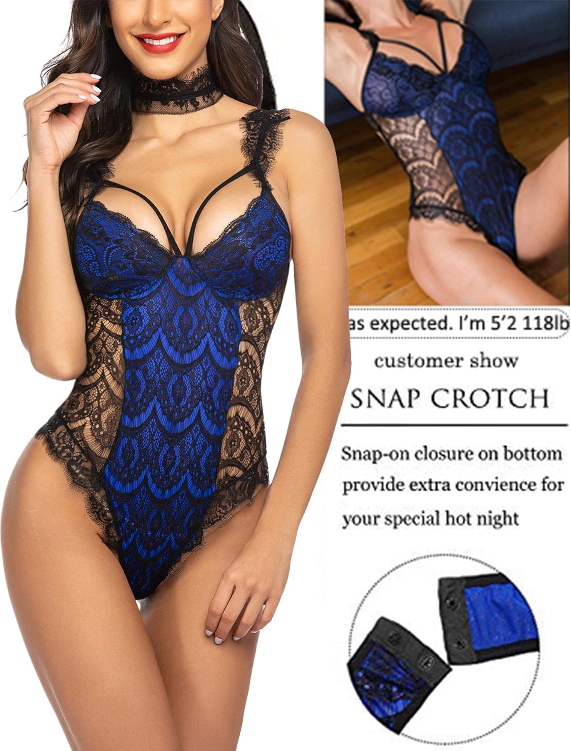 ADOME Womens Snap Crotch Lingerie Sexy Lace Bodysuit with Chocker Eyelash Teddy: Clothing