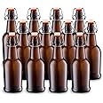 Home Brewing Glass Beer Bottle with Easy Wire Swing Cap & Airtight Rubber Seal -Amber- 16oz - Case of 12 - by Tiabo
