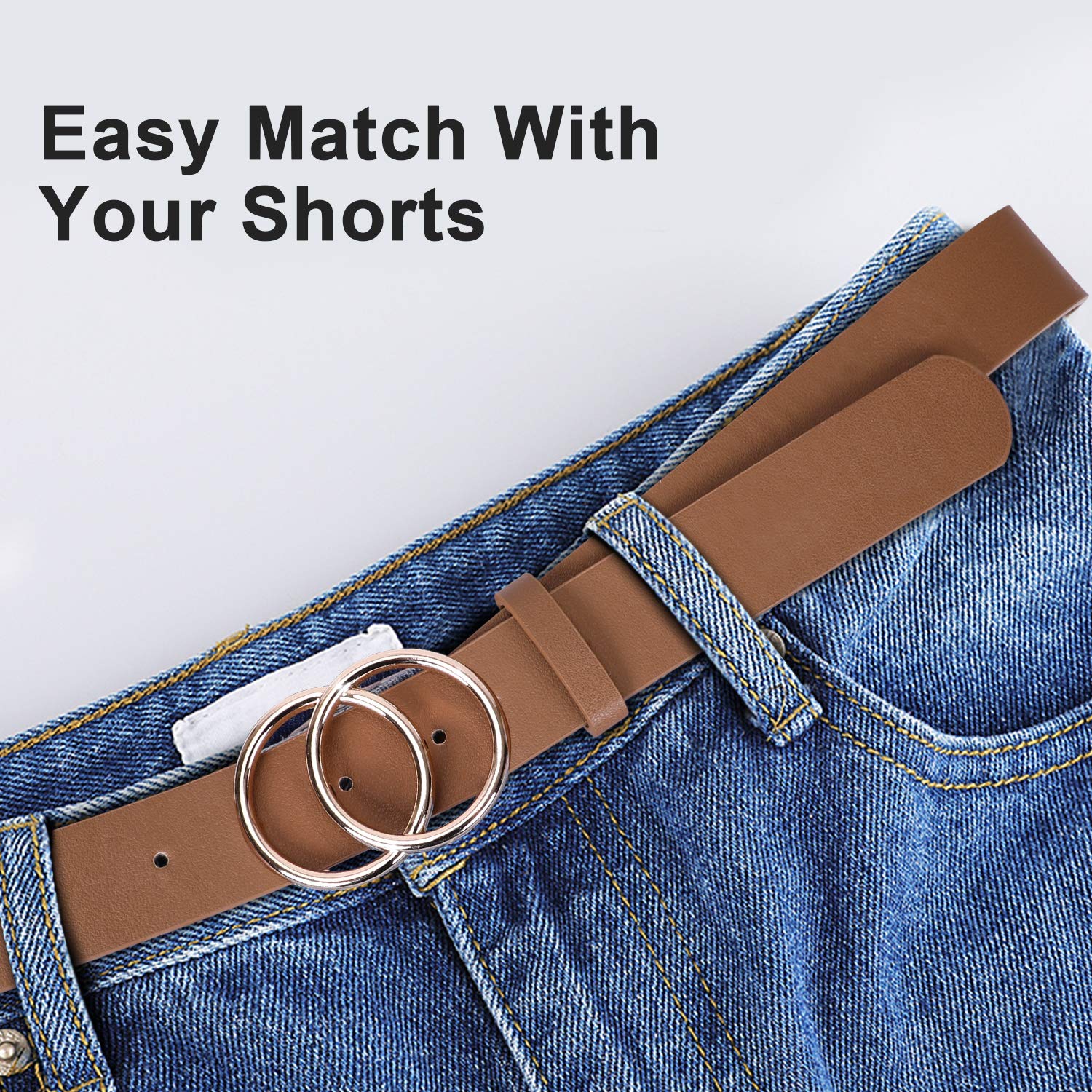 Women\'s Leather Belt for Dress Jeans Fashion Soft Leather with Double O-Ring Buckle