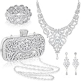 Quelay 4 Pcs Purse Rhinestone Jewelry Set Evening Clutch Bag Bling Crystal Necklace Dangle Earrings Bracelets Accessories