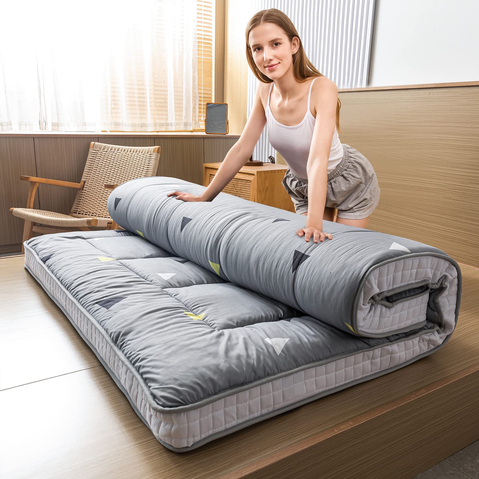Photo 1 of MAXYOYO Grey Triangle Futon Mattress, Japanese Floor Mattress Quilted Bed Mattress Topper, Extra Thick Folding Sleeping Pad Breathable Floor Lounger Guest Bed for Camping, King