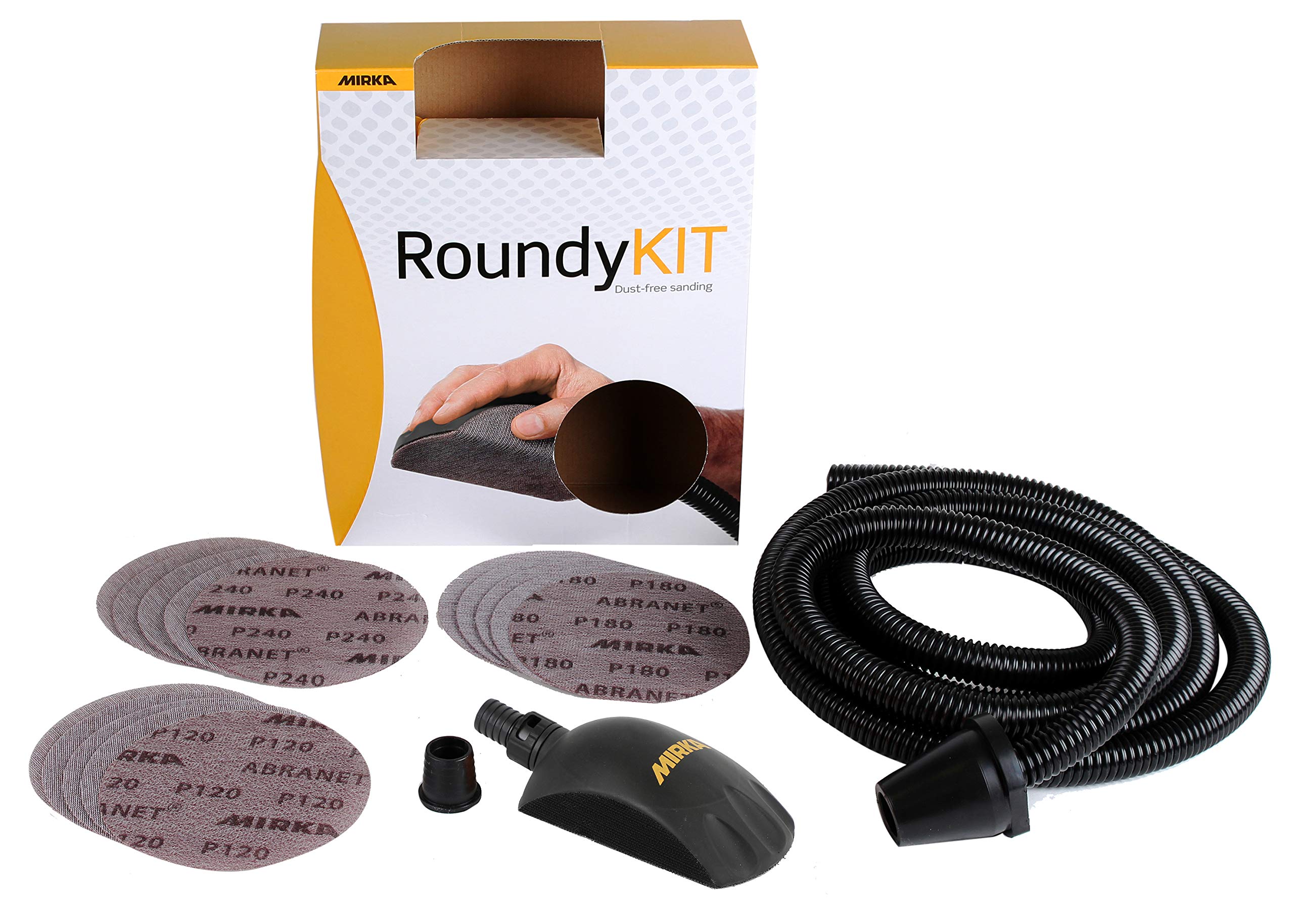 Mirka Roundy Kit Hand Block with dust Extraction Holes/Sanding Block with Hook & Loop incl. 4m Suction Hose & 15 Pieces Mirka Abranet net Sanding Discs with Hook & Loop Ø 150mm grit P120 P180 P240