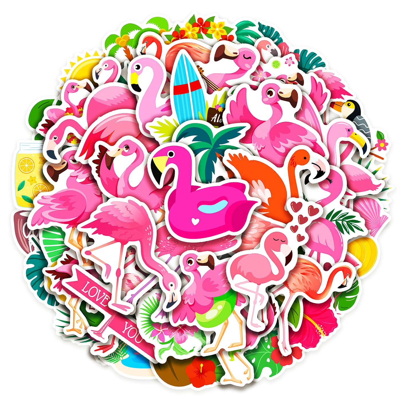 Photo 1 of 100 Pack Flamingo Stickers, Summer Luau Tropical Hawaiian Party Favors, Birthday Decorations