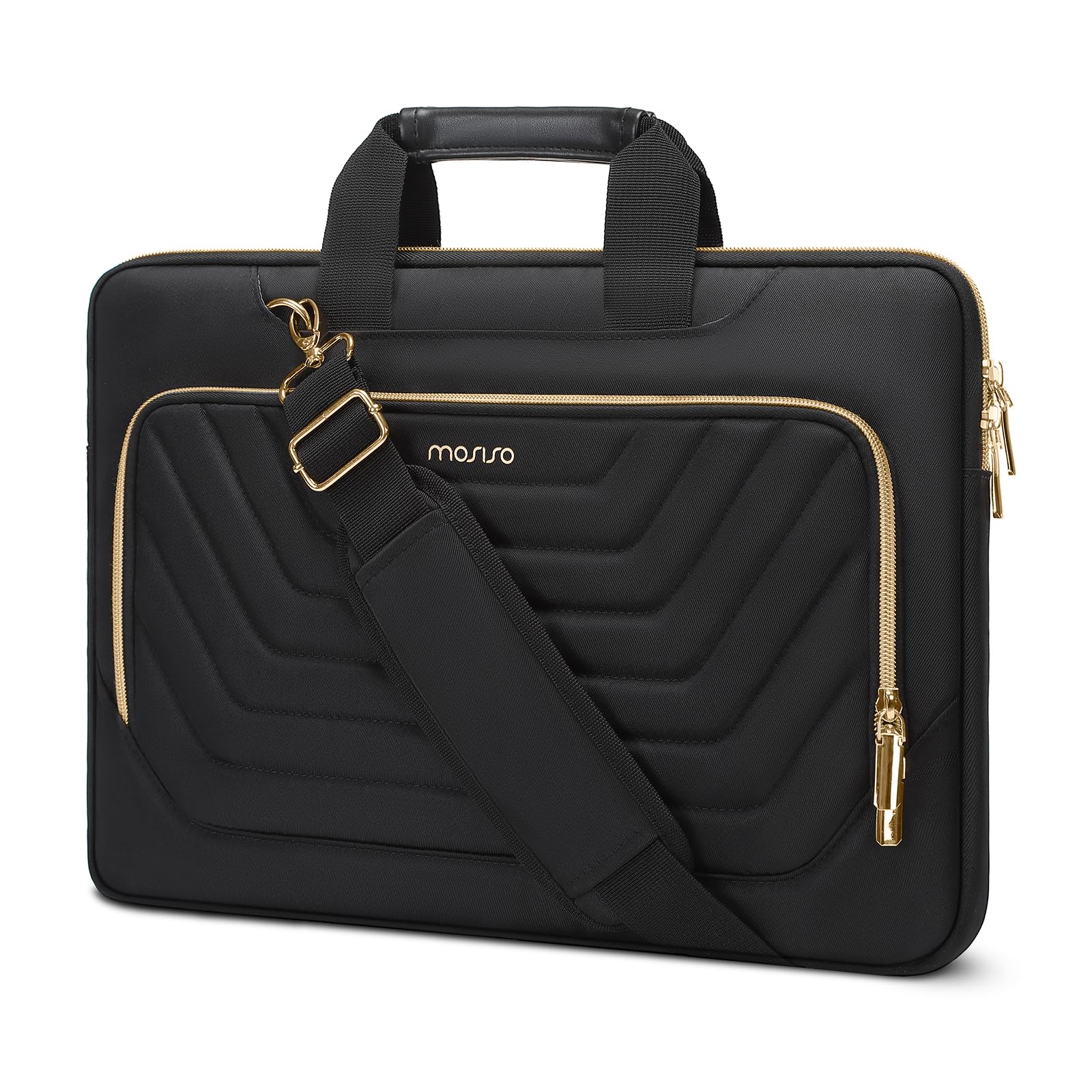 MOSISO Laptop Bag 16 inch, 15-15.6 inch Computer Shoulder Bag Compatible with MacBook Pro 16/Air 15, HP, Dell, Lenovo, Asus, Messenger Case Front Inverted Trapezoid Quilted Pocket & Belt, Black